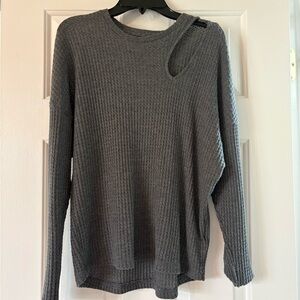 Express Gray Waffle-Knit Scoop Neck Sweater with Shoulder Cutout